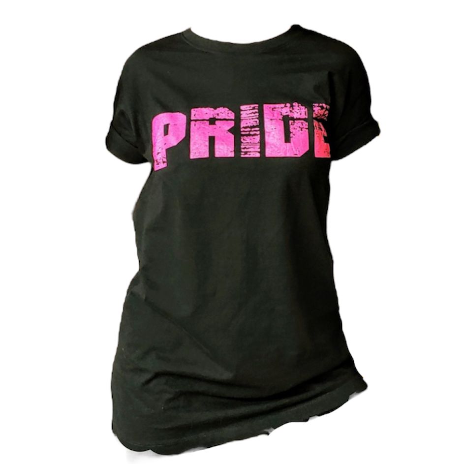 Pink Pride on Black T-shirt By Red Bag