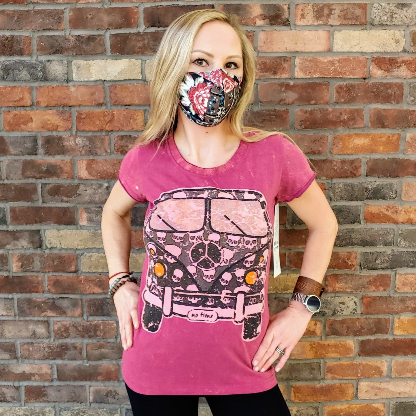 Skull Bus Dark Pink Vintage Stonewash Ladies T-shirt By No Time